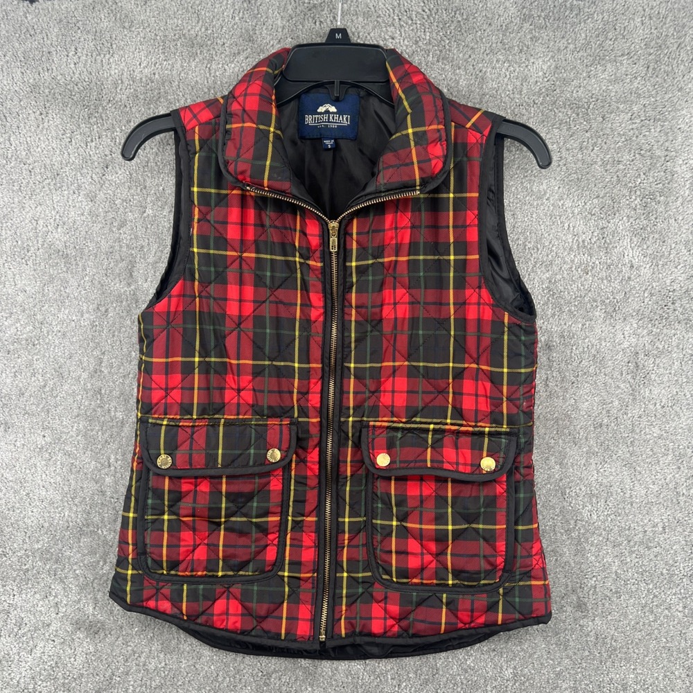 British Khaki Tartan Plaid Quilted Vest Womens S Full Zip‎ Pockets Heritage Prep